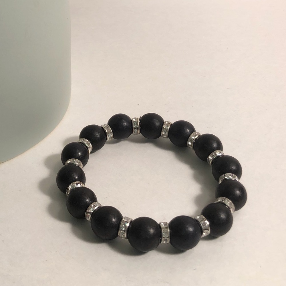 Black Semiprecious & Rhinestone Stretch Bracelet